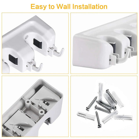 Wall Mounted Mop Broom Holder Organizer Rack With 5 Slots And 6 Hooks, close-up of slots, hooks, and included screws and anchors