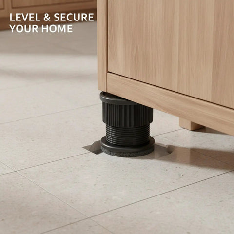 Adjustable Furniture Leveling Foot For Cabinets Desks And Tables Black PP Plastic Base With Grippy Sponge Pad on tile floor