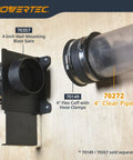 Close-up view of a dust system setup with a 4-inch clear PVC pipe and fittings, showcasing clear blue tint for woodworking dust collection.