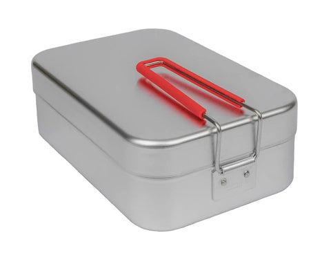 Mess Tin Aluminum Rectangular Storage Container with Red Handle, travel ready and pack friendly for camping meals.