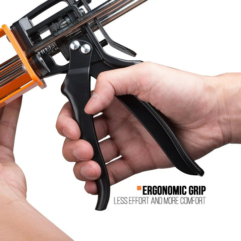Hand gripping Pro Grade 26 To 1 High Thrust Dual Component Cartridge Gun for 900 ml cartridges 2 to 1, showing ergonomic design.