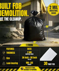 Beefed-Up Heavy Duty 55 Gallon Contractor Garbage Bags 2 Mil Thick, Black, standing on construction site with specs displayed.