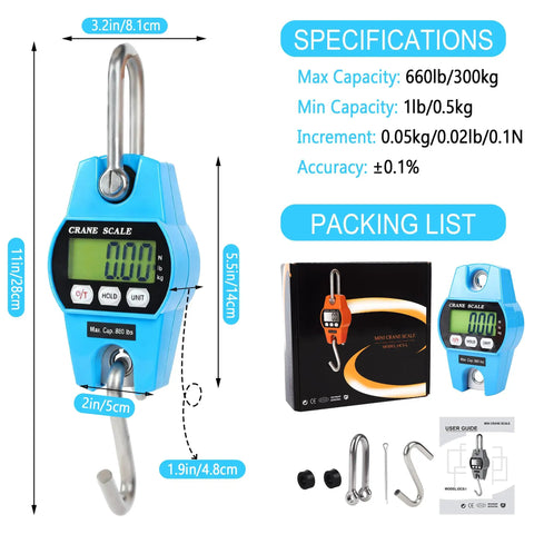 Heavy Duty Digital Crane Scale 660 Lb Handheld Hanging Weight Scale With Crisp Backlit Lcd Display, showing dimensions and specifications.