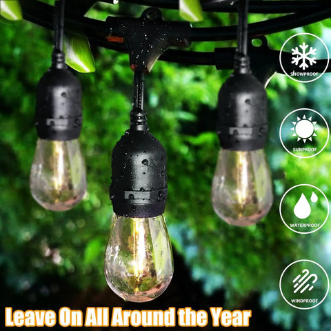 Close-up of Go To Outdoor String Lights 96 Feet Total, Two 48 Feet Strands, with S14 Shatterproof LED Bulbs hanging outdoors.