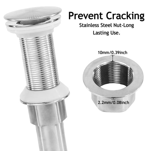 Top Shelf Brushed Nickel Pop Up Bath Sink Drain Stopper Without Overflow, Slick Stainless Steel Assembly With Anti Clog Strainer Basket, No Sweat Install, Built Tough, Dead Simple Operation close-up of stainless steel nut and threaded pipe