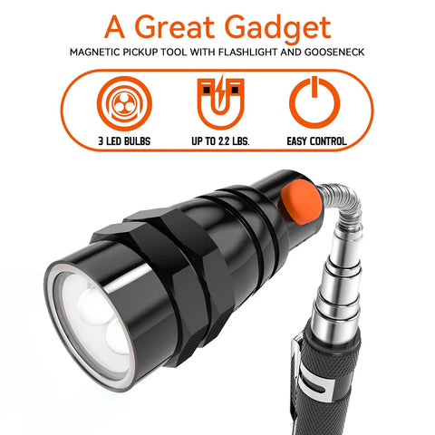 Magnetic Pickup Tool With Telescoping Flashlight And Extendable Magnet Stick Three Bright LED Lights for tight corners, gooseneck design