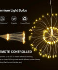 Lit 8 Pack LED Copper Wire Firework String Lights With Remote, Dimmable And Waterproof IP65, Shown in Flower Shape