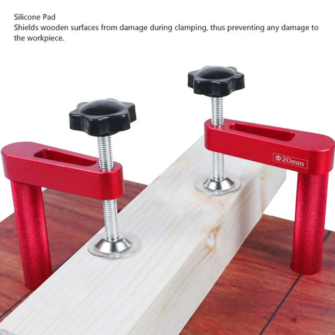 Two Pack 20mm Aluminum Bench Dog Clamps with Fast Hold Down Table Clamp for woodworking, featuring silicone pads and 600 lb clamping force.