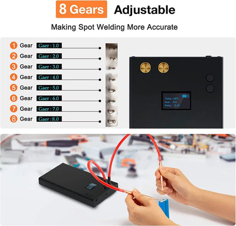 Portable Mini Spot Welder With LCD Screen 11000mAh Battery 80 Adjustable Power Settings 0.1 Increments in use with spot welding pen