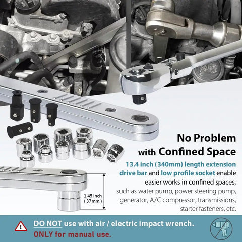 Offset Extension Wrench And Low Profile Socket Set For Hard To Reach Fasteners Pro Grade with aluminum extension bar in engine.