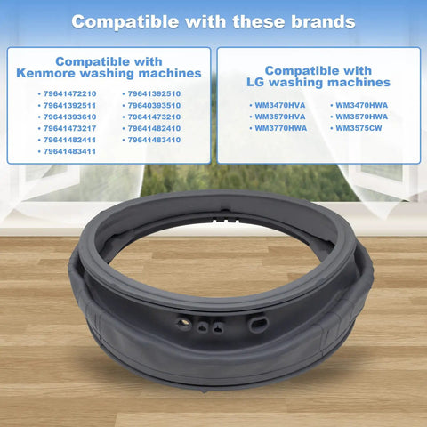 Replacement Door Boot Seal Gasket MDS47123605 For Front Load Washers displayed with compatibility list