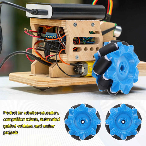 52mm Mecanum wheels for robotics on a smart robot car with blue rubber coating and universal pins. Ideal for DIY and competition projects.