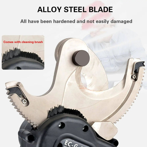 Alloy steel blade of Cordless 18V Electric Ratchet Cable Cutter With Hydraulic Cutting Action For Copper And Aluminum Wires Portable Beefy Heavy Duty Cable Cutter For Quick Clean Cuts On Tough Jobs Industrial And DIY Ready EC 65M