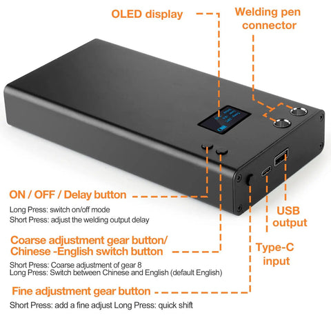 Portable Mini Spot Welder With LCD Screen 11000mAh Battery 80 Adjustable Power Settings 0.1 Increments showing OLED display and connections.