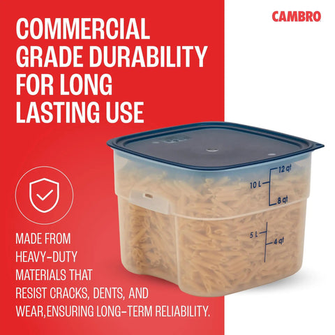 FreshPro 12 Quart Food Storage Container With Lid For Food Prep And Pet Food, BPA Free Clear Polypropylene, filled with pasta