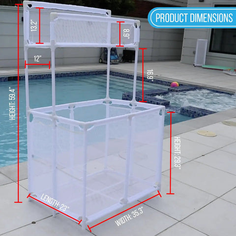 Weather Resistant Pool Storage Organizer Bin With Mesh Rolling Double Deck Rack Noodle Holder for outdoor gear