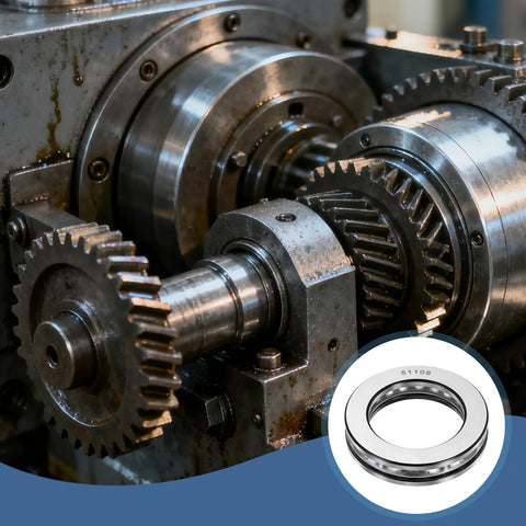 Two uxcell thrust ball bearings, chrome steel, 40mm bore, 60mm OD, 13mm thick, shown near gears.