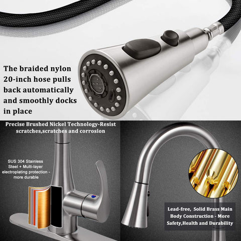 Touchless Kitchen Faucet With Sensor, Pull-Down Sprayer, 3 Hole Installation, Brushed Nickel Finish, Solid Brass, Spot Free