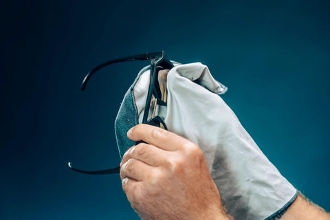 Glasses cleaning cloth, white microfiber, used to wipe black eyeglasses; close-up view.