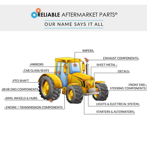 Illustration of a tractor highlighting parts like mirrors, PTO shaft, and engine components for repairs.