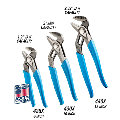 SpeedGrip High Carbon Steel Tongue And Groove Pliers Set With Push Button Adjustment Lock And Safe Stop, 3 sizes, made in USA.