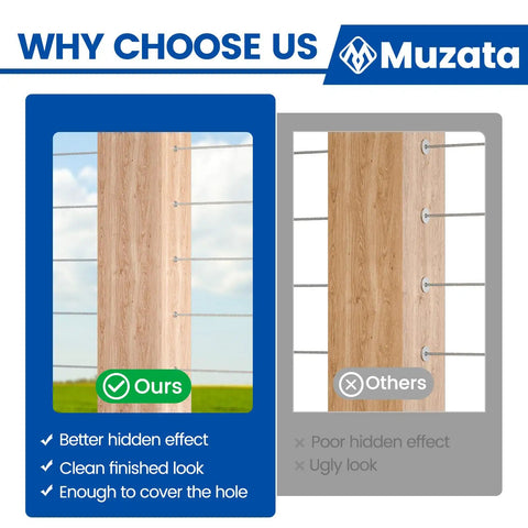 Side-by-side comparison of 150 Pack One Eighth Inch Cable Railing Protector Sleeves T316 Stainless Steel For Wood Posts Deck Rails Built Tough Shield Covers Easy Install Wire Rope Sleeves Kit For Wood Posts And PVC Sleeves CR13 showing better hidden effect on left and inferior effect on right.