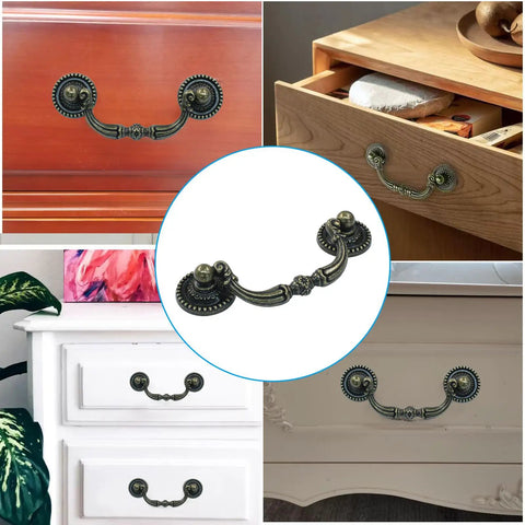 Solid Three Inch Vintage Bail Drawer Pulls Machined From Heavy Duty Zinc Alloy With A Chip Resistant Antique Bronze Finish shown on various furniture surfaces.