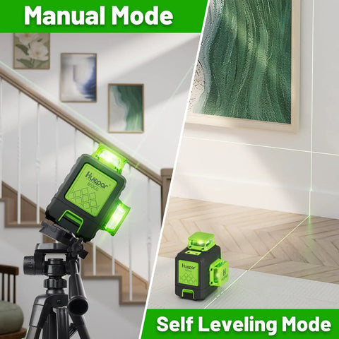 360 Degree Self Leveling Laser Level With 47 Inch Tripod 3x360 Cross Line Green Laser For Construction Tiling And Picture Hanging 5200mAh Battery Pack And Two Portable Bags in manual and leveling modes
