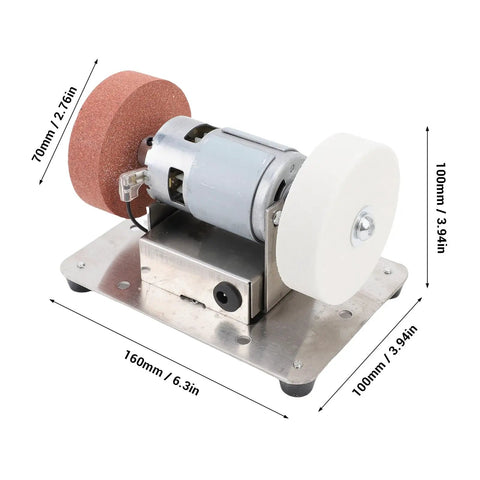 Powerful Mini Electric Bench Grinder With Adjustable Seven-Speed Controls And Cw Ccw Rotation For Metal Wood polishing, showing compact stainless design.