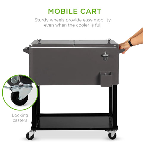 Outdoor 80 Quart Steel Rolling Cooler Cart With Ice Chest Bottle Opener Drain Plug And Locking Wheels Party Ready On The Go