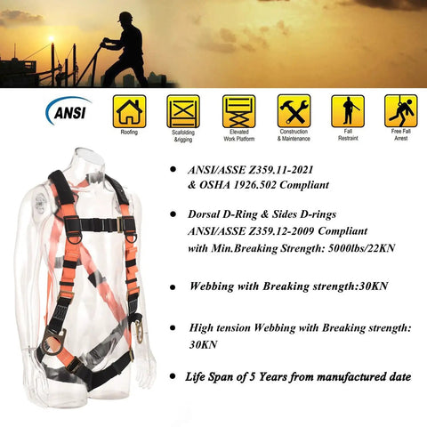Built Tough Industrial Fall Protection Safety Harness Kit With 3D Rings and Double Leg Design on mannequin, sunset background