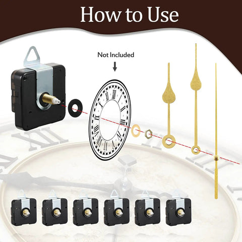 High Torque Quartz Clock Movements Replacement Kit With Long Shafts 6 Pcs DIY Clock Repair Set 8 Pairs Of Clock Hands Brass Washers And Nuts Included 16 mm Shaft Length Easy To Customize And Fix Your Timely DIY Projects diagram