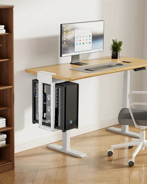 Under Desk PC Mount, Beefy Heavy-Duty Adjustable CPU Holder For Standing Desk showcased with PC under wooden desk, space saving.