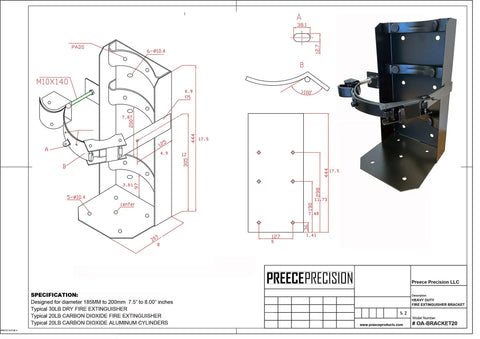 Heavy Duty Hanging Bracket For 8 Inch Co2 Carbon Dioxide And Dry Chemical Fire Cylinders Rig Ready Mount detailed diagram with dimensions.