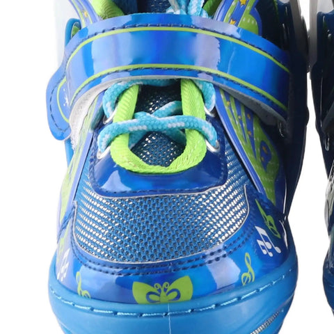 Close-up of blue Kid Friendly Inline Skates Adjustable From Size 35 To 38 Breathable Comfort Blue Indoor Outdoor Use LED Light Up Wheels