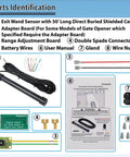 Universal Vehicle Exit Wand Sensor parts identification with 50 ft shielded cable, adapter board, and user manual shown