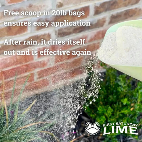 Lime Insect Deterrent 20Lb Outdoors Pest Barrier being applied near plants with a scoop, safe for flowers and lawns