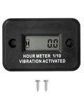 Vibration Induction Digital Hour Meter Self Powered Gauge IP68 Waterproof for Air Compressors Mini Tractors Snow Blowers No Wiring Instant Start Cumulative Run Time 0 to 99999 Hours High Precision 0.1 Hour Accuracy Black, front view with screws