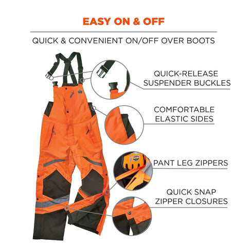 GloWear 8928 Insulated Thermal Bib Overalls For Brutal Cold, High Visibility Orange, close-up of zippers and buckles, 3X Large