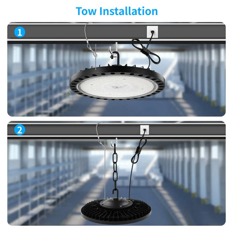UFO LED High Bay Light 200W 5000K IP65 With US Plug Wicked Bright Warehouse Barn Garage Shop Lighting 20000 Lumens 120 Degree Beam Hanging Chain Mount installation guide