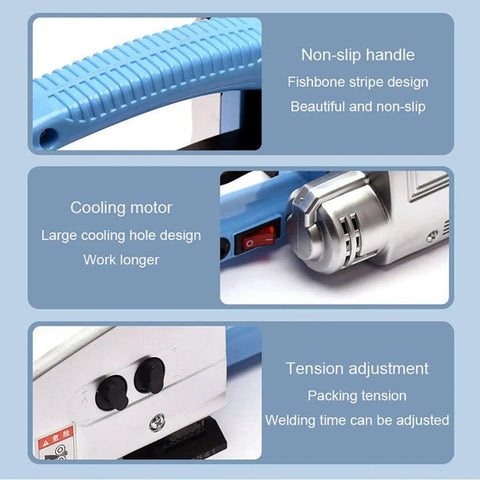 Details of Beast Of A Battery Powered Electric Strapping Machine for PP and PET straps, showing non-slip handle, cooling motor, tension adjustment