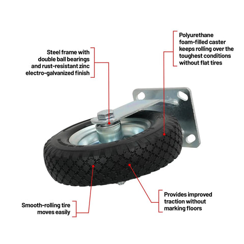 Rock Solid 8 Inch Flat Free Foam Filled Rubber Rigid Caster Packing 250 Pound Capacity And Double Ball Bearings shown with detailed features.