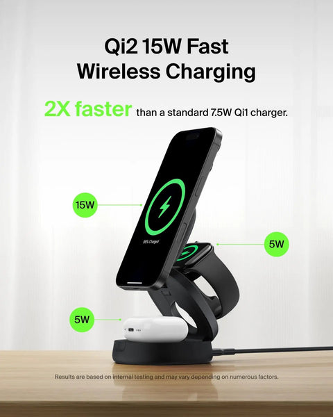 MagSafe Ready 3 In 1 Qi2 15W Wireless Charger Station with Travel Stand charging devices on desk