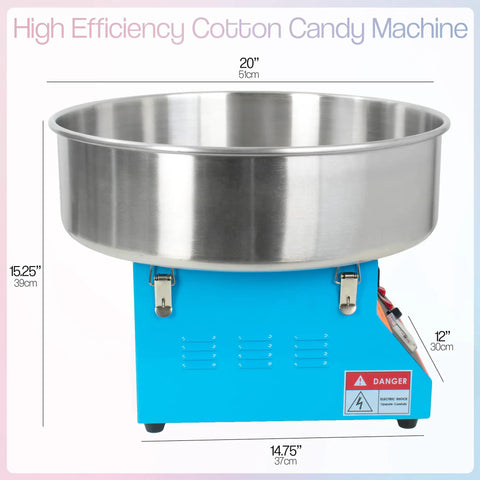 Blue Electric Cotton Candy Maker Machine With 1030W Motor Rapidly Spins Sugar Floss In Twenty Inch Stainless Steel Bowl dimensions