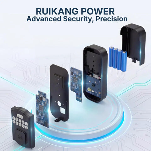 Hassle Free Smart Deadbolt Keyless Entry Lock With Digital Keypad Auto Lock Feature components showing circuit boards and battery compartment.