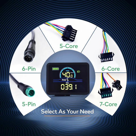 Powerful Ebike Display With UART No 2 Protocol 24V-60V LCD showing connectors: 5-Pin, 6-Pin, 5-Core, 6-Core, 7-Core.