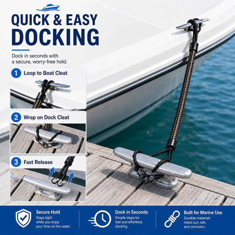 2 Pack Bungee Dock Line For Blazer Bay 2200 Boats With Elastic Shock Absorbing Mooring Rope And Stainless Steel Clips 22 Inch Docking Snubber showing attachment to boat and dock cleats.