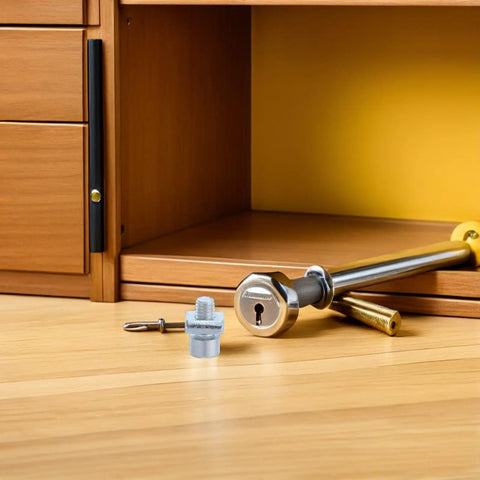 Cabinet lock installation tools on wooden floor, showing drill bit and lock parts near a wooden cabinet