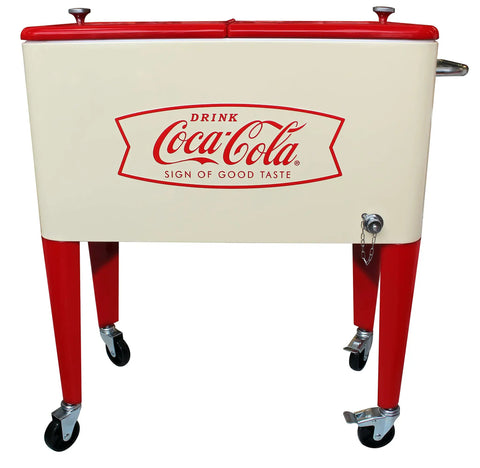 Front view of Creamfish 60-Quart Vintage Style Wheeled Cooler with split top lids, powder-coated finish, Coca-Cola licensed design.