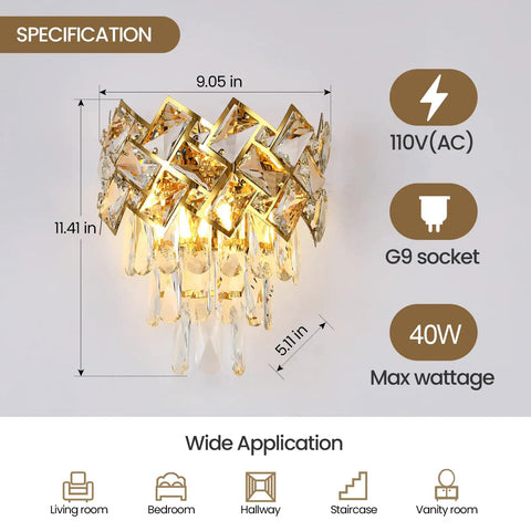 Luxury Gold Wall Sconce With Crystal K9 Accent For Living Room Bedroom Bathroom Hallway Modern Gold Wall Light Fixture With Stainless Steel Frame And Clear Gray Crystals Lit Ambient Vibe, showing dimensions and specifications.
